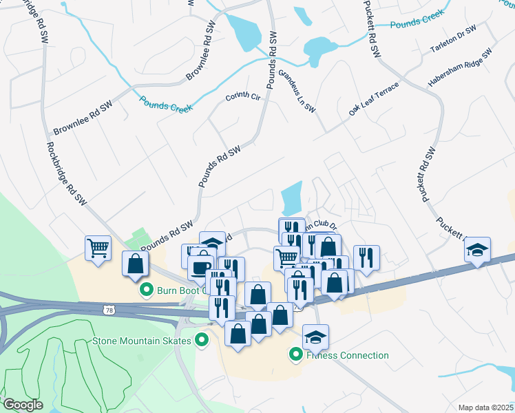 map of restaurants, bars, coffee shops, grocery stores, and more near 4910 Lakebrooke Run in Stone Mountain