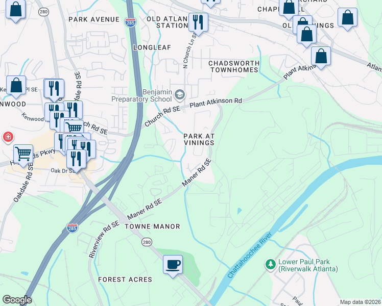 map of restaurants, bars, coffee shops, grocery stores, and more near 2552 Alvecot Circle Southeast in Atlanta