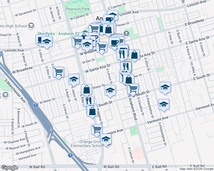 map of restaurants, bars, coffee shops, grocery stores, and more near 600 South Clementine Street in Anaheim