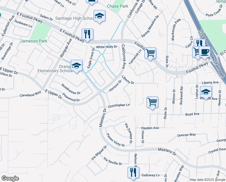 map of restaurants, bars, coffee shops, grocery stores, and more near 3415 Horizon Street in Corona