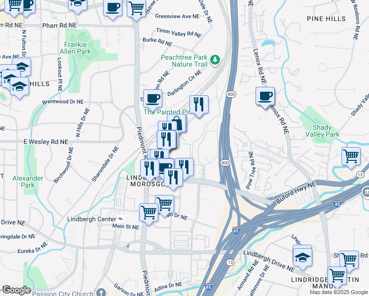 map of restaurants, bars, coffee shops, grocery stores, and more near 740 Sidney Marcus Boulevard Northeast in Atlanta