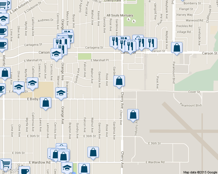 map of restaurants, bars, coffee shops, grocery stores, and more near 3848 Rose Avenue in Long Beach