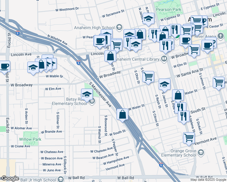 map of restaurants, bars, coffee shops, grocery stores, and more near 1146 West Fay Lane in Anaheim