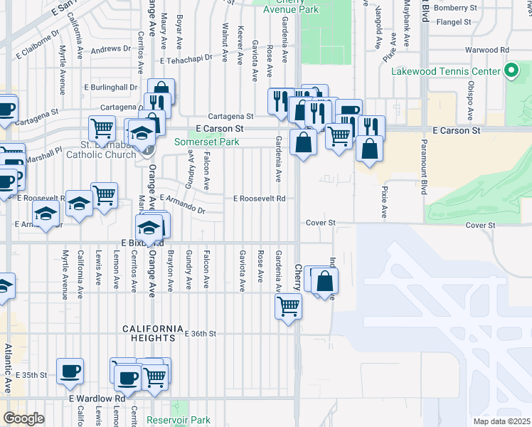 map of restaurants, bars, coffee shops, grocery stores, and more near 3848 Rose Avenue in Long Beach