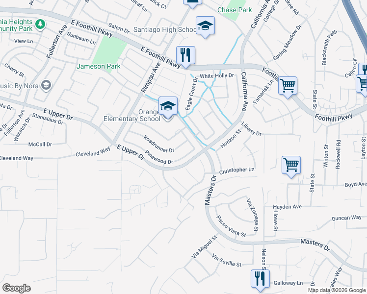 map of restaurants, bars, coffee shops, grocery stores, and more near 1456 Roadrunner Drive in Corona