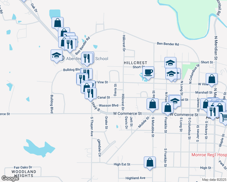 map of restaurants, bars, coffee shops, grocery stores, and more near 107 Davis Street in Aberdeen