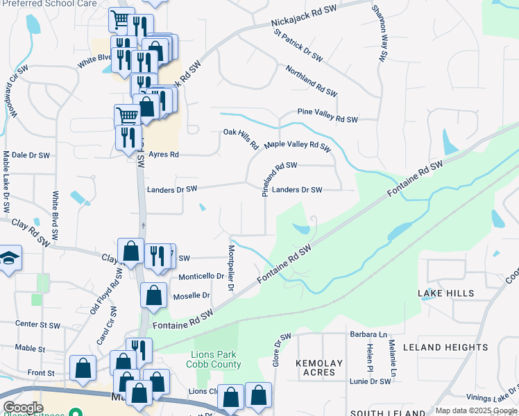 map of restaurants, bars, coffee shops, grocery stores, and more near 470 Pineland Road Southwest in Mableton