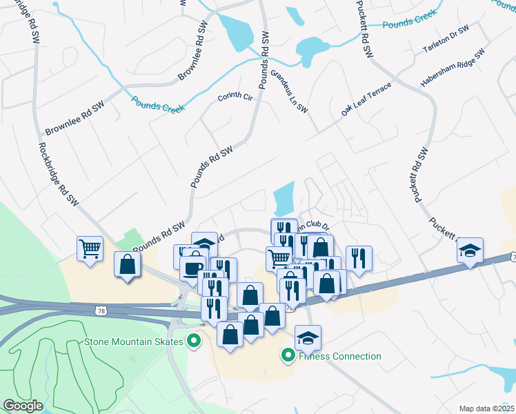map of restaurants, bars, coffee shops, grocery stores, and more near 4950 Lakebrooke Run in Stone Mountain