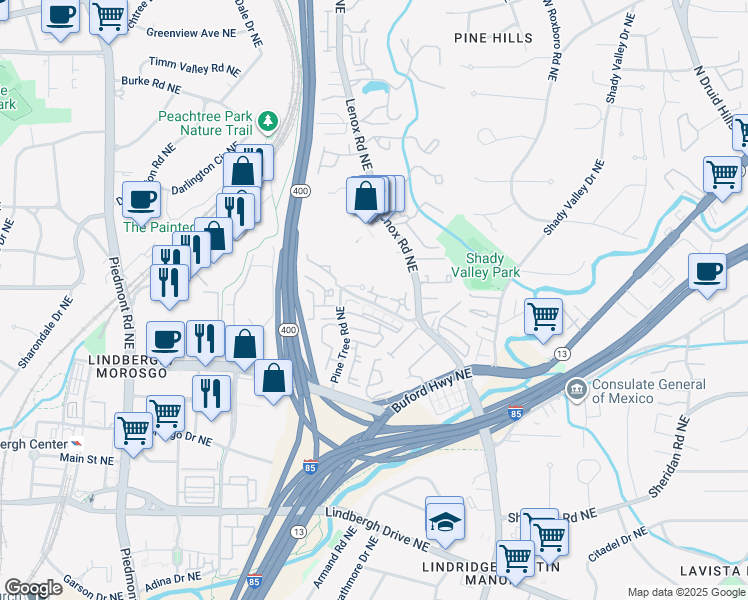 map of restaurants, bars, coffee shops, grocery stores, and more near 942 Canterbury Road Northeast in Atlanta