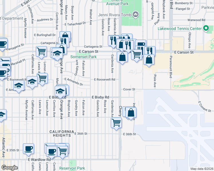 map of restaurants, bars, coffee shops, grocery stores, and more near 3848 Rose Avenue in Long Beach