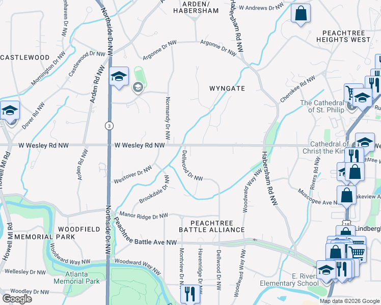 map of restaurants, bars, coffee shops, grocery stores, and more near 394 West Wesley Road Northwest in Atlanta