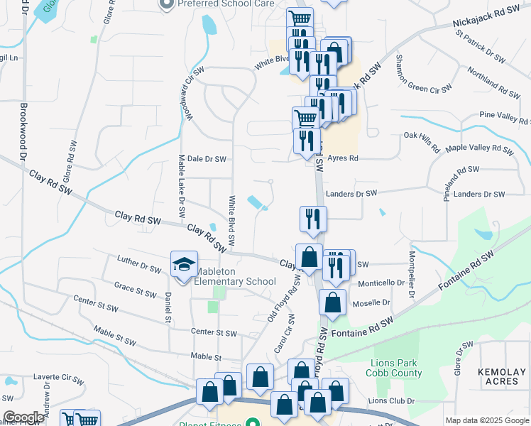 map of restaurants, bars, coffee shops, grocery stores, and more near 5179 Silhouette Lane Southwest in Mableton