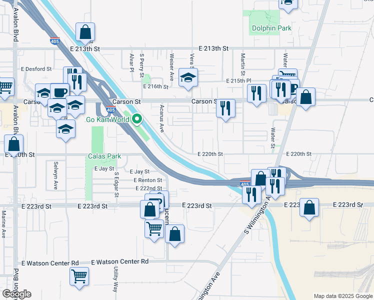 map of restaurants, bars, coffee shops, grocery stores, and more near 21992 Acarus Avenue in Carson