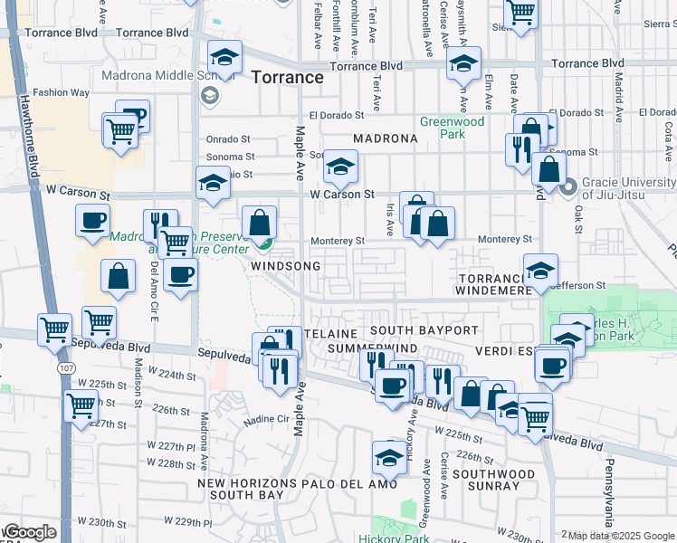 map of restaurants, bars, coffee shops, grocery stores, and more near 2931 Plaza del Amo in Torrance