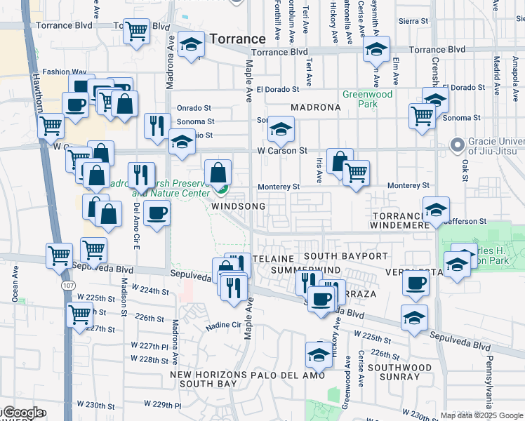 map of restaurants, bars, coffee shops, grocery stores, and more near 2971 Plaza del Amo in Torrance