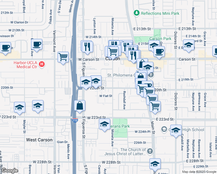 map of restaurants, bars, coffee shops, grocery stores, and more near 319 West 220th Street in Carson