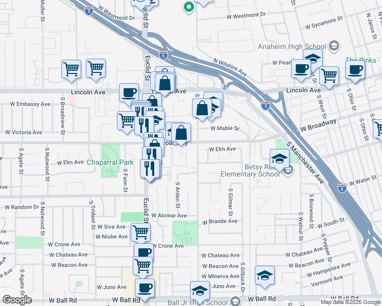 map of restaurants, bars, coffee shops, grocery stores, and more near 1600 West Broadway in Anaheim
