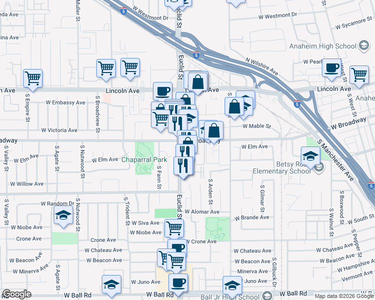 map of restaurants, bars, coffee shops, grocery stores, and more near 1676 West Trapezoid Drive in Anaheim