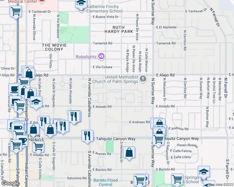 map of restaurants, bars, coffee shops, grocery stores, and more near 1500 East Amado Road in Palm Springs