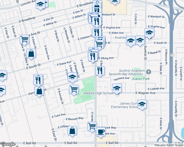 map of restaurants, bars, coffee shops, grocery stores, and more near 891 South State College Boulevard in Anaheim