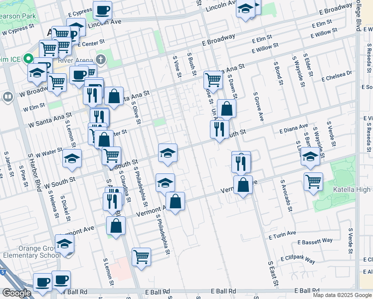 map of restaurants, bars, coffee shops, grocery stores, and more near 802 South Dakota Street in Anaheim