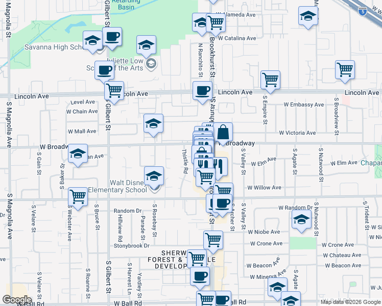 map of restaurants, bars, coffee shops, grocery stores, and more near 331 South Brookhurst Street in Anaheim
