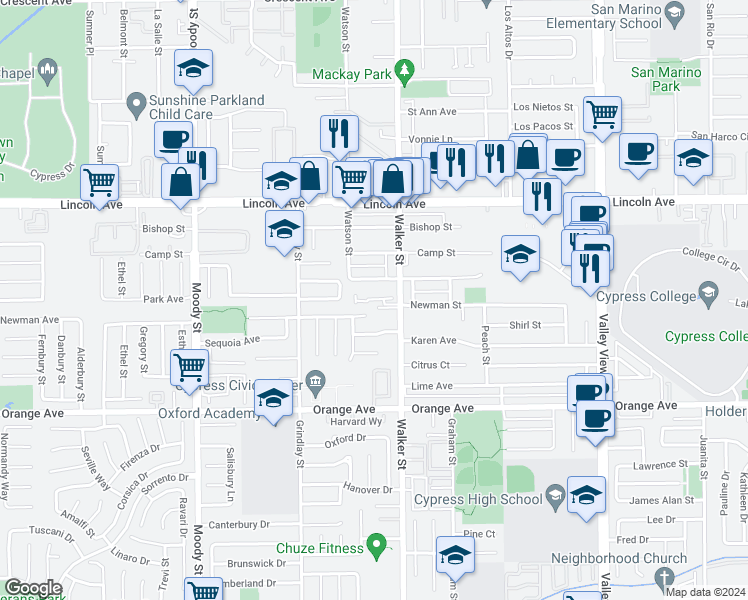 map of restaurants, bars, coffee shops, grocery stores, and more near 9257 Walker Street in Cypress