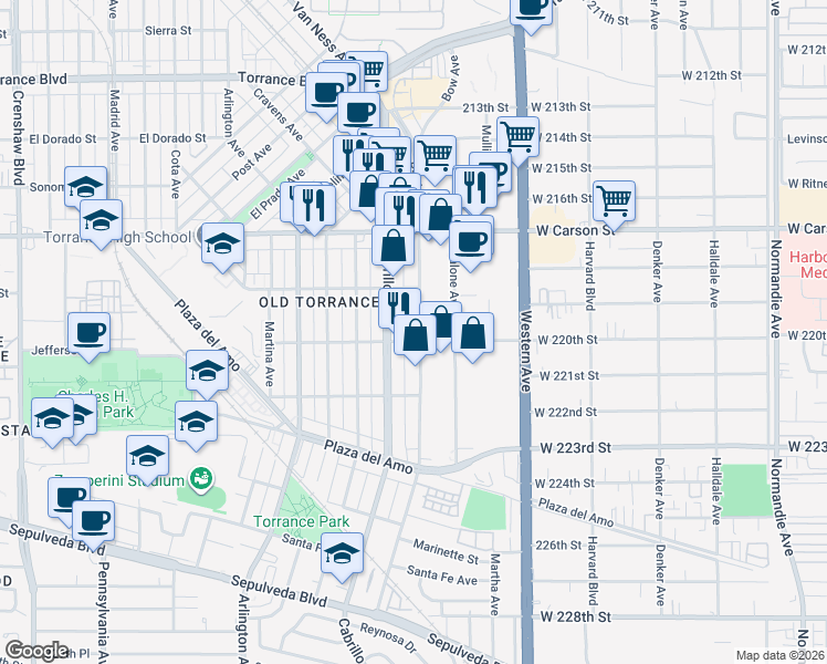 map of restaurants, bars, coffee shops, grocery stores, and more near 1877 West 220th Street in Torrance