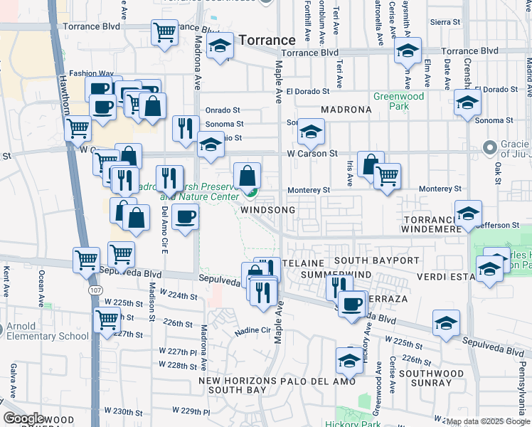 map of restaurants, bars, coffee shops, grocery stores, and more near 3101 Plaza del Amo in Torrance