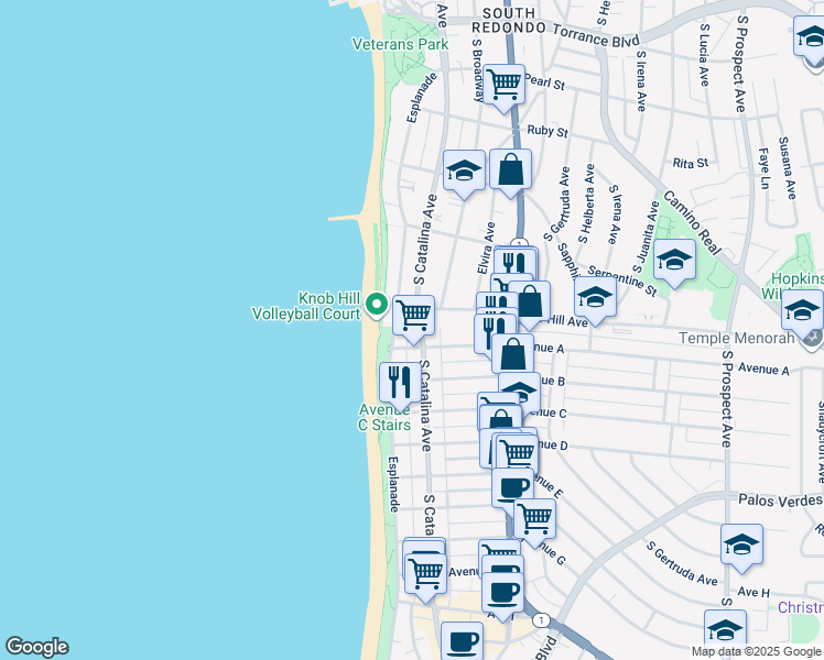 map of restaurants, bars, coffee shops, grocery stores, and more near 813 South Catalina Avenue in Redondo Beach