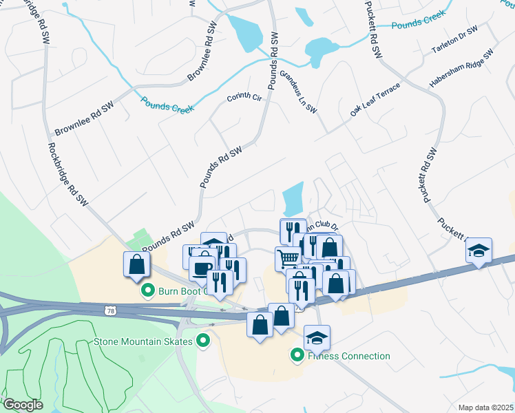 map of restaurants, bars, coffee shops, grocery stores, and more near 4910 Lakebrooke Run in Stone Mountain