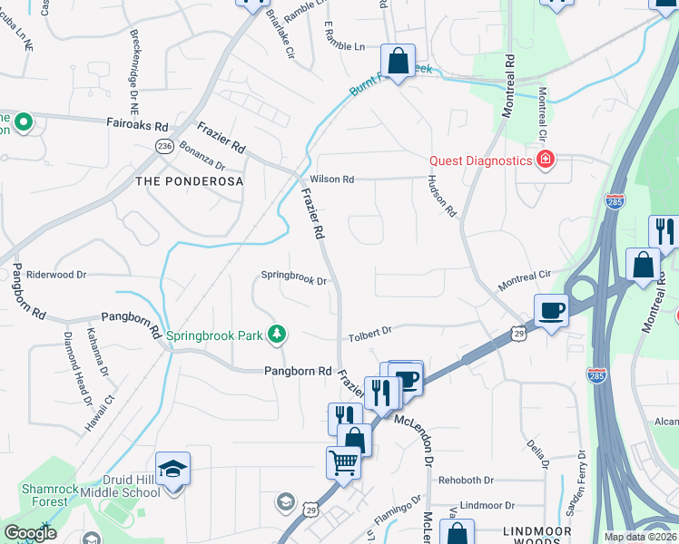 map of restaurants, bars, coffee shops, grocery stores, and more near 1592 Frazier Road in Decatur