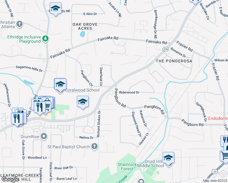 map of restaurants, bars, coffee shops, grocery stores, and more near 2664 Oak Park Trail in Decatur