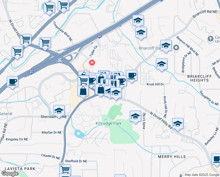 map of restaurants, bars, coffee shops, grocery stores, and more near 2566 Briarcliff Road Northeast in Atlanta