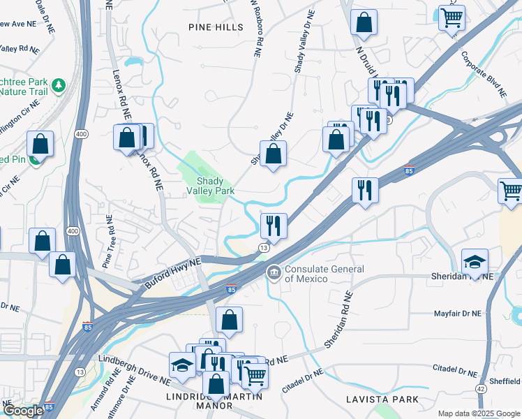 map of restaurants, bars, coffee shops, grocery stores, and more near 2688 Rivers Edge Drive Northeast in Atlanta