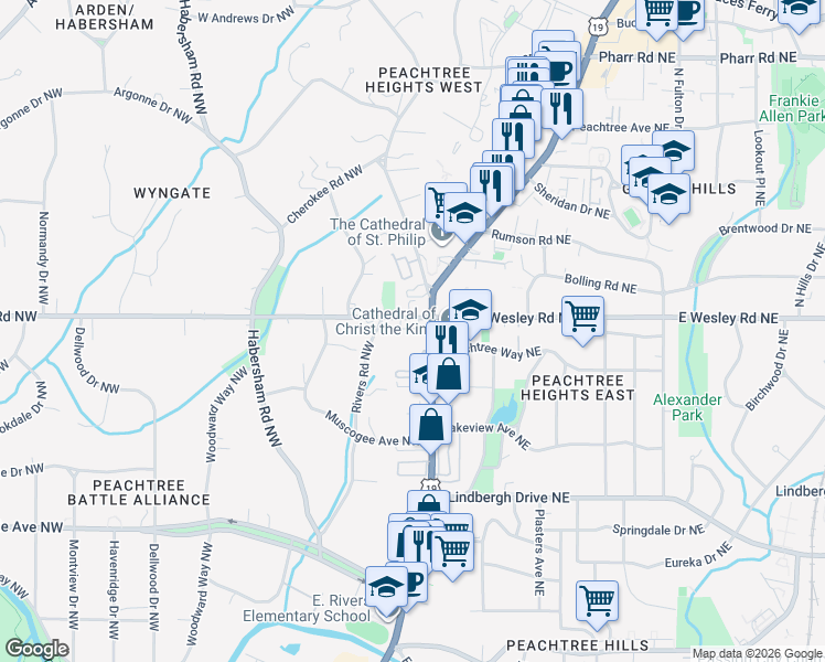 map of restaurants, bars, coffee shops, grocery stores, and more near 2 West Wesley Road Northwest in Atlanta