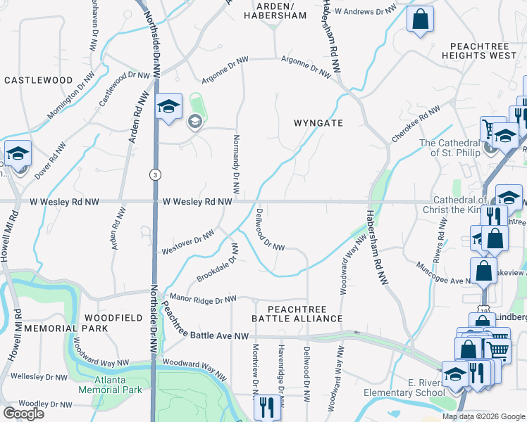 map of restaurants, bars, coffee shops, grocery stores, and more near 394 West Wesley Road Northwest in Atlanta
