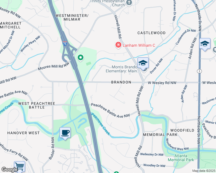 map of restaurants, bars, coffee shops, grocery stores, and more near 1020 West Wesley Road Northwest in Atlanta