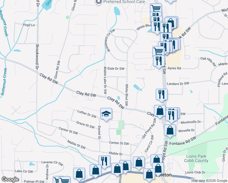 map of restaurants, bars, coffee shops, grocery stores, and more near 5169 Mable Lake Drive Southwest in Mableton