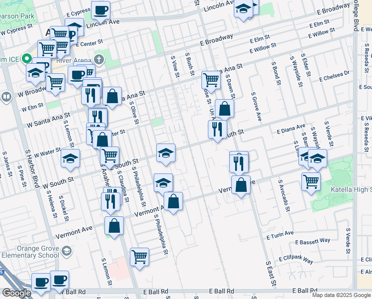 map of restaurants, bars, coffee shops, grocery stores, and more near 720 South Woods Avenue in Fullerton