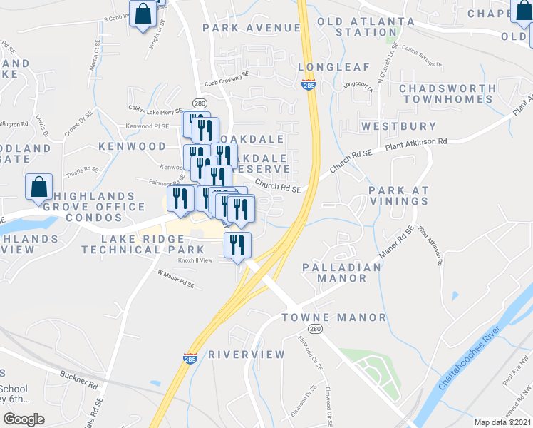 map of restaurants, bars, coffee shops, grocery stores, and more near 101 Tibarron Parkway Southeast in Smyrna
