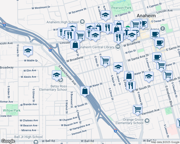 map of restaurants, bars, coffee shops, grocery stores, and more near 500 South Illinois Street in Anaheim