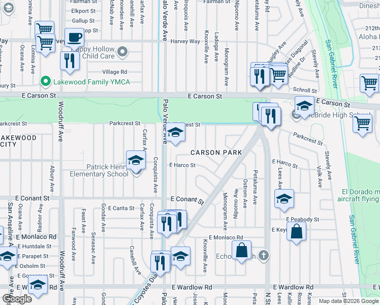 map of restaurants, bars, coffee shops, grocery stores, and more near 3861 Hackett Avenue in Long Beach