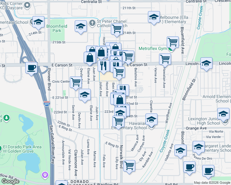 map of restaurants, bars, coffee shops, grocery stores, and more near 22022 Ibex Avenue in Hawaiian Gardens