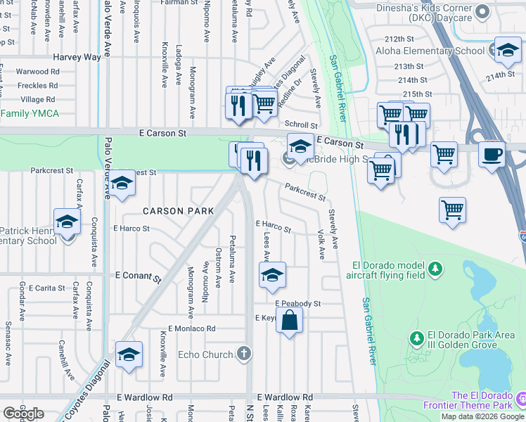 map of restaurants, bars, coffee shops, grocery stores, and more near 3910 Lees Avenue in Long Beach