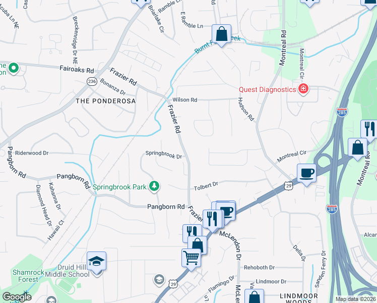 map of restaurants, bars, coffee shops, grocery stores, and more near 1592 Frazier Road in Decatur
