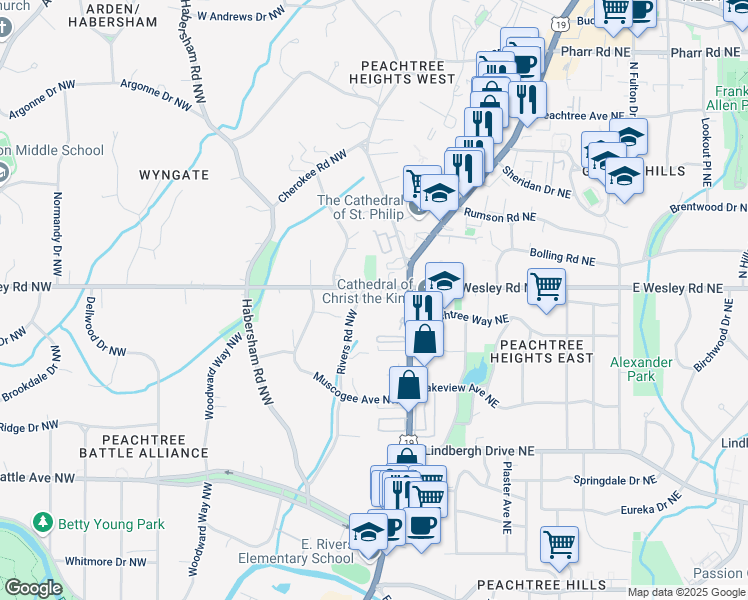 map of restaurants, bars, coffee shops, grocery stores, and more near 52 West Wesley Road Northwest in Atlanta