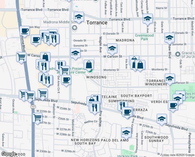 map of restaurants, bars, coffee shops, grocery stores, and more near 3101 Plaza del Amo in Torrance