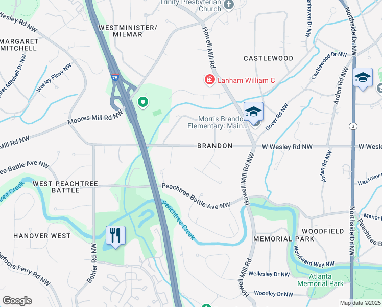 map of restaurants, bars, coffee shops, grocery stores, and more near 1030 West Wesley Road Northwest in Atlanta