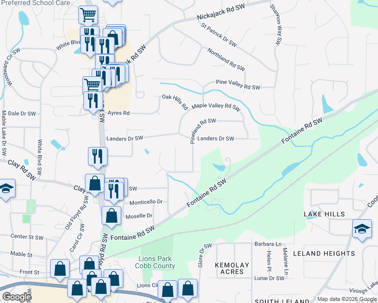 map of restaurants, bars, coffee shops, grocery stores, and more near 470 Pineland Road Southwest in Mableton